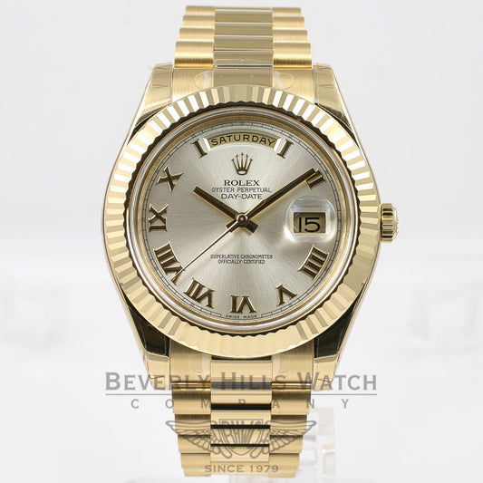 Rolex Day Date II 41mm 18K Yellow Gold President Bracelet Fluted Bezel Silver Roman Dial Watch 218238 Beverly Hills Watch Company Watches