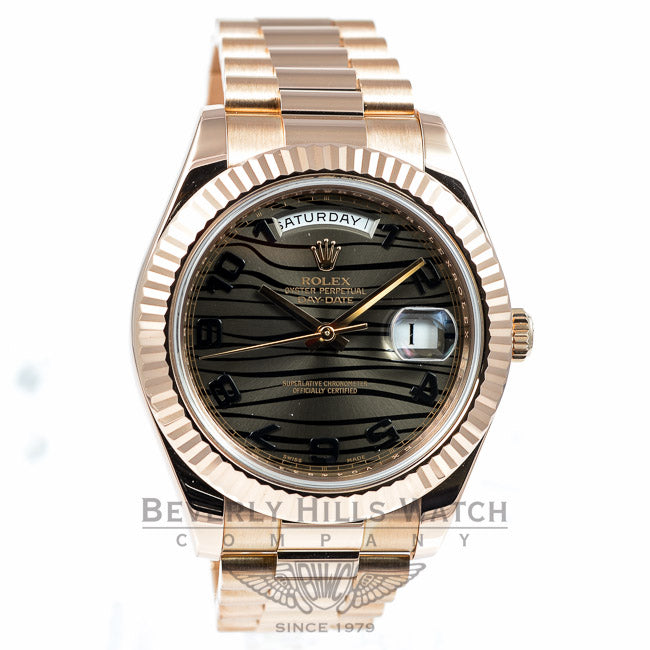 Rolex President Day Date II Everose Gold President Bracelet Black Wave Dial 41mm Watch 218235 Beverly Hills Watch Company Watches