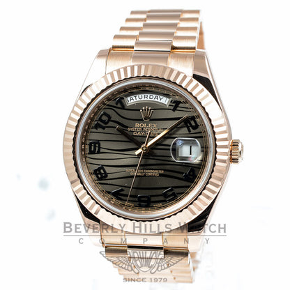 Rolex President Day Date II Everose Gold President Bracelet Black Wave Dial 41mm Watch 218235 Beverly Hills Watch Company Watches