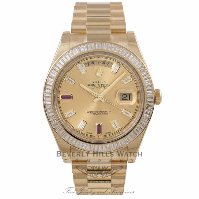 Rolex Day-Date II President 41MM Yellow Gold Diamond Bezel Champagne Dial 218398 E29YVA - Beverly hills Watch Store