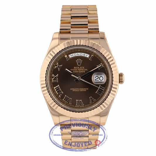 Rolex Day Date II President 41mm Rose Gold Chocolate Roman Dial 218235 8WF562 - Beverly Hills Watch Company