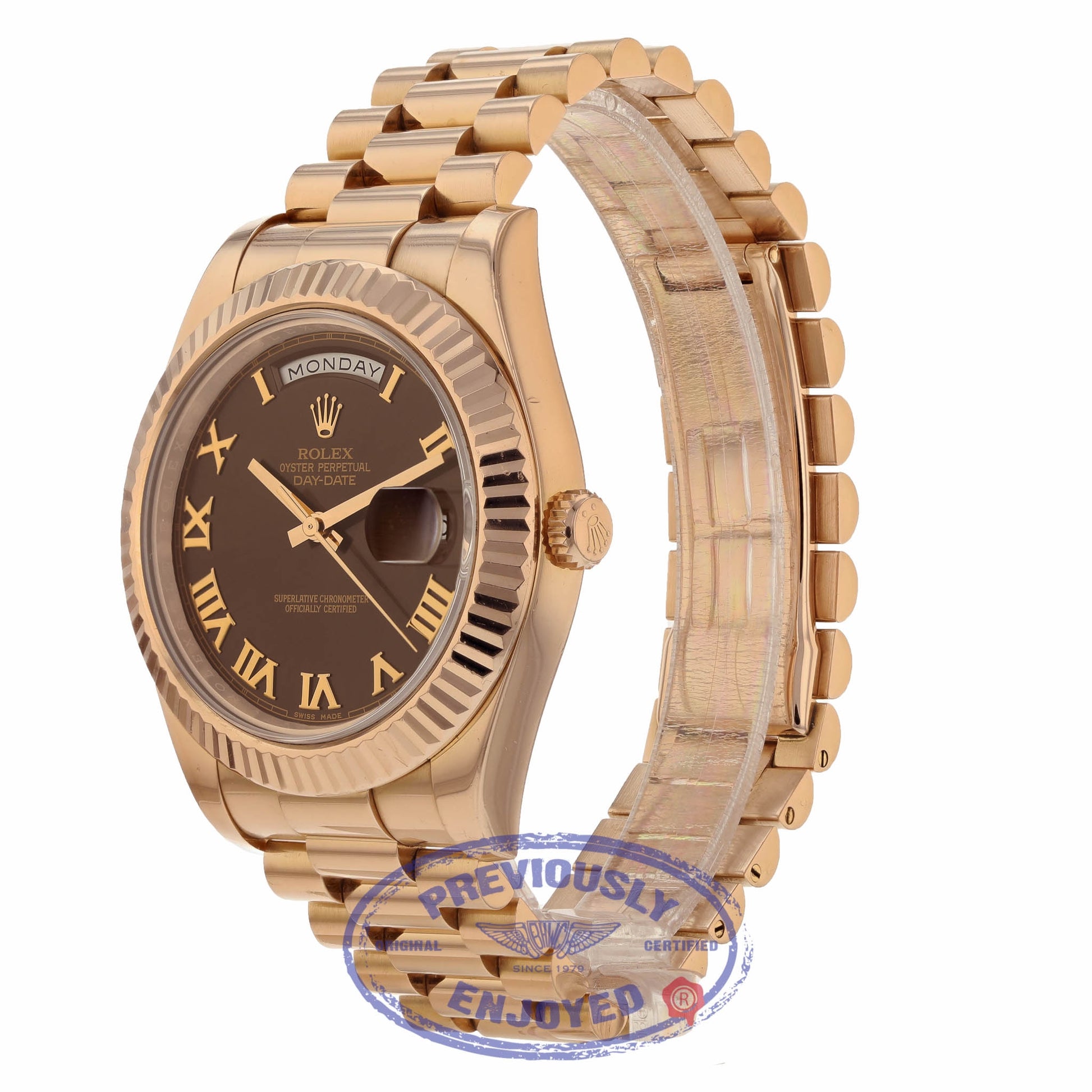 Rolex Day Date II President 41mm Rose Gold Chocolate Roman Dial 218235 8WF562 - Beverly Hills Watch Company