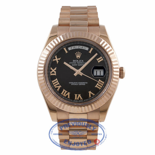 Rolex Day Date II 41MM Rose Gold President Bracelet Fluted Bezel Black Roman Dial 218235 4J9HPR - Beverly Hills Watch Company Watch Store