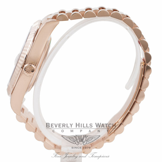 Rolex Day Date II 41mm Rose Gold President Bracelet Fluted Bezel Rose Diamond Dial 218235 NMM47Y - Beverly Hills Watch Company Watch Store