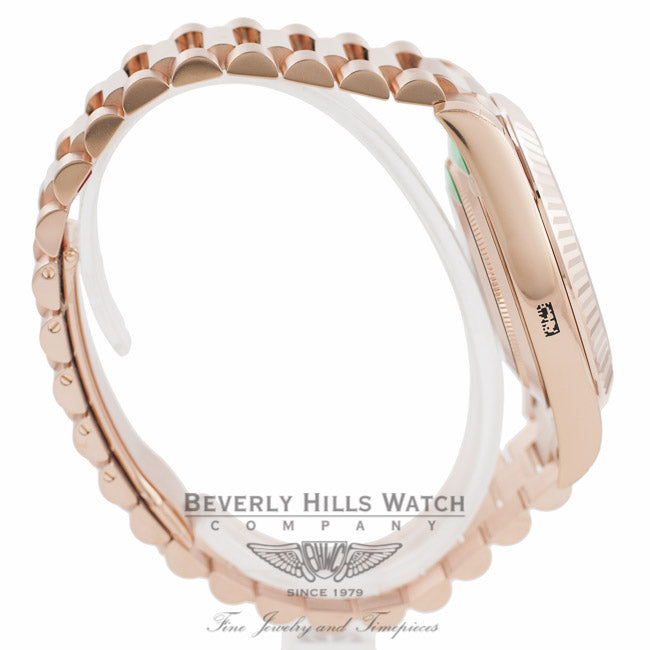 Rolex Day Date II 41mm Rose Gold President Bracelet Fluted Bezel Rose Diamond Dial 218235 NMM47Y - Beverly Hills Watch Company Watch Store