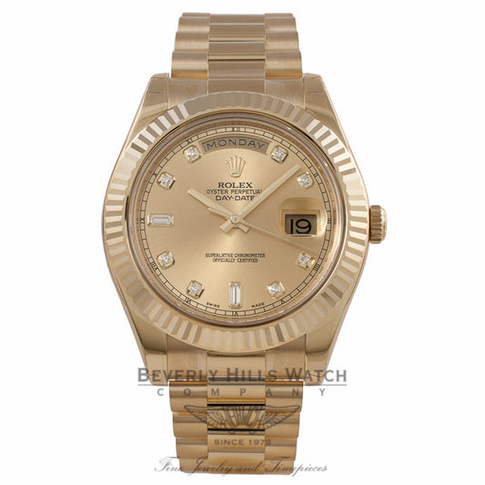 Rolex Day Date II 41mm 18K Yellow Gold Champagne Diamond Dial Fluted Bezel 218238 UQKH75 - Beverly Hills Watch Company Watch Store