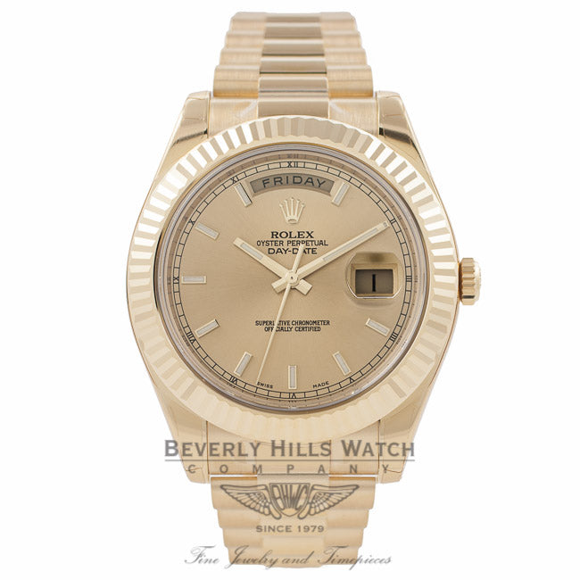 Rolex Day-Date II President 41MM 18K Yellow Gold Fluted Bezel Champagne Dial 218238 YQ2W5F - Beverly Hills Watch Company Watch Store