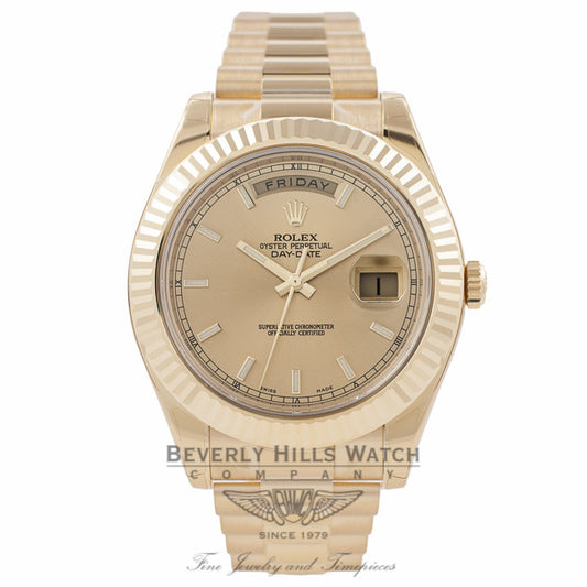 Rolex Day-Date II President 41MM 18K Yellow Gold Fluted Bezel Champagne Dial 218238 YQ2W5F - Beverly Hills Watch Company Watch Store