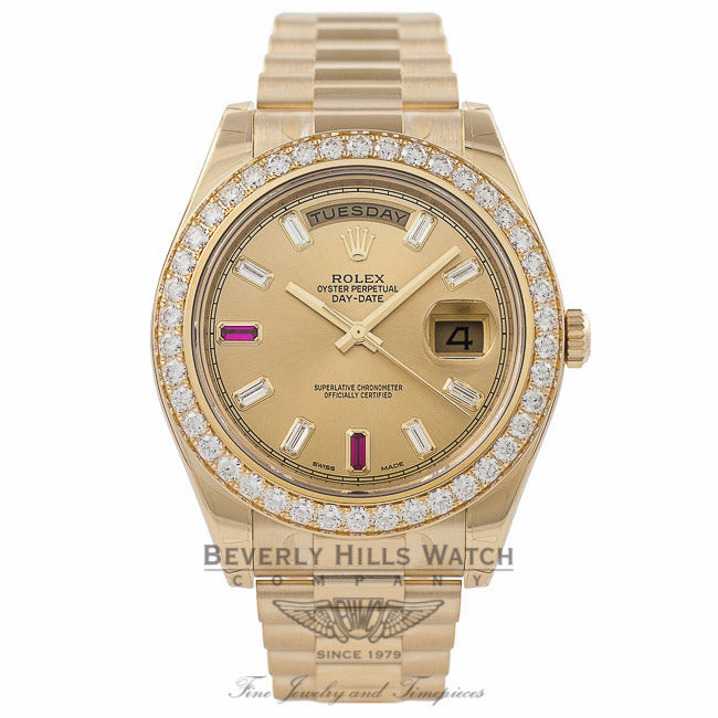 Rolex Day-Date II President 41MM 18k Yellow Gold Diamond Bezel Diamond and Ruby Markers on Champagne Dial 218348 5TKIQI - Beverly Hills Watch Company Watch Store
