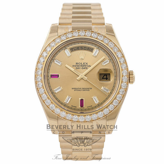Rolex Day-Date II President 41MM 18k Yellow Gold Diamond Bezel Diamond and Ruby Markers on Champagne Dial 218348 5TKIQI - Beverly Hills Watch Company Watch Store