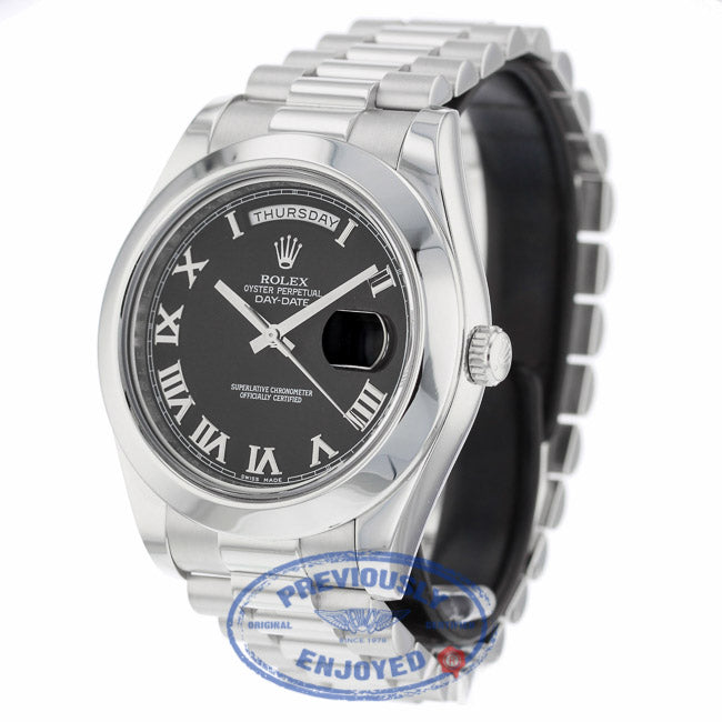 Rolex Day Date II President Platinum Black Roman dial 218206 U55N46 - Beverly Hills Watch Company