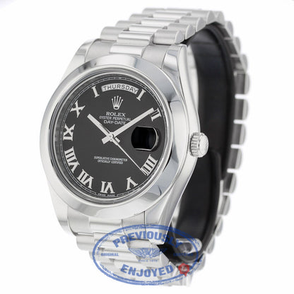 Rolex Day Date II President Platinum Black Roman dial 218206 U55N46 - Beverly Hills Watch Company