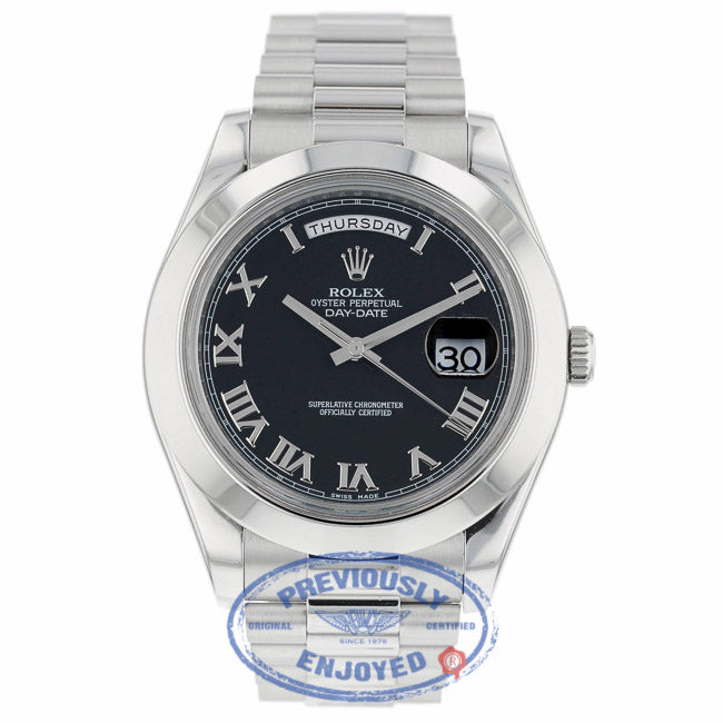 Rolex Day Date II President Platinum Black Roman dial 218206 U55N46 - Beverly Hills Watch Company