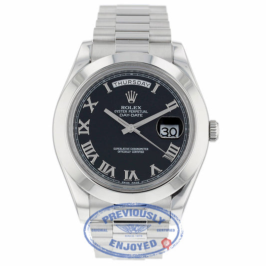 Rolex Day Date II President Platinum Black Roman dial 218206 U55N46 - Beverly Hills Watch Company