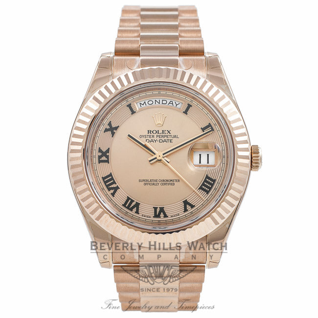 Rolex Day Date II 41mm Rose Gold President Pink Champagne Concentric Dial Fluted Bezel Watch 218235 - Beverly Hills Watch Company Watch Store