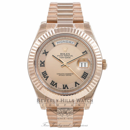 Rolex Day Date II 41mm Rose Gold President Pink Champagne Concentric Dial Fluted Bezel Watch 218235 - Beverly Hills Watch Company Watch Store
