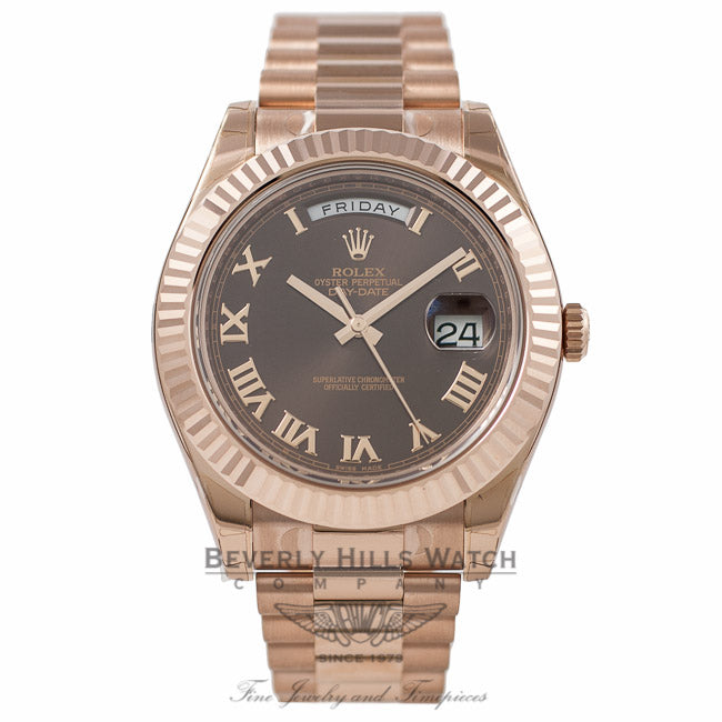 Rolex Day Date II 41mm Rose Gold President Brown Roman Fluted Bezel 218235 0TTEM1 - Beverly Hills Watch Company Watch Store