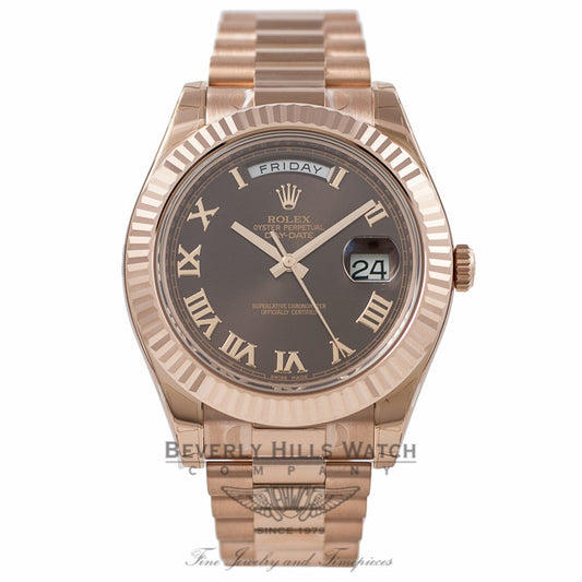 Rolex Day Date II 41mm Rose Gold President Brown Roman Fluted Bezel 218235 0TTEM1 - Beverly Hills Watch Company Watch Store