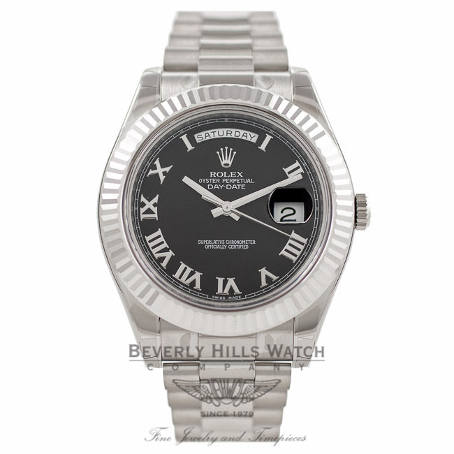 Rolex Day-Date II 18K White Gold Black Roman Dial Fluted Bezel President 218239  EUZYVQ - Beverly Hills Watch Company Watch Store