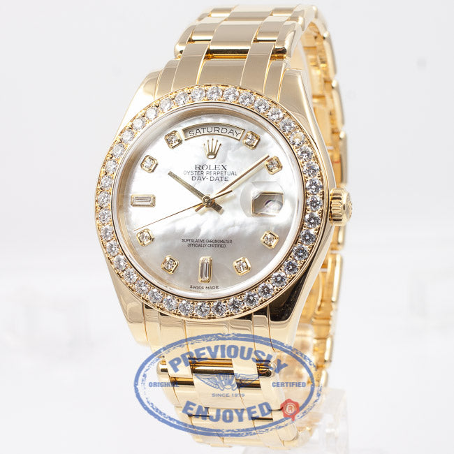 Rolex Day-Date Masterpiece 18K Yellow Gold Bracelet Mother of Pearl Diamond Dial Full Diamond Bezel Watch 18948 Beverly Hills Watch Company Watch Store