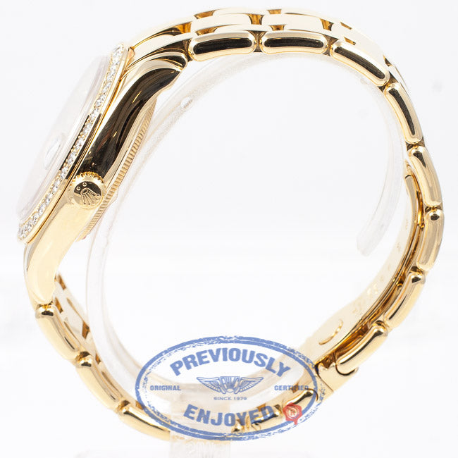 Rolex Day-Date Masterpiece 18K Yellow Gold Bracelet Mother of Pearl Diamond Dial Full Diamond Bezel Watch 18948 Beverly Hills Watch Company Watch Store