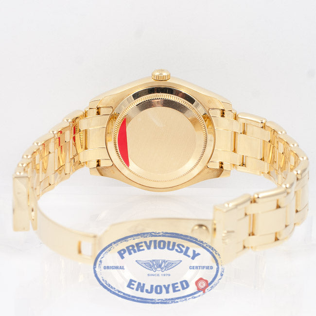 Rolex Day-Date Masterpiece 18K Yellow Gold Bracelet Mother of Pearl Diamond Dial Full Diamond Bezel Watch 18948 Beverly Hills Watch Company Watch Store