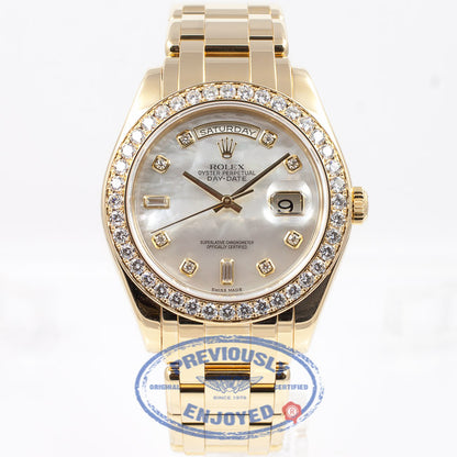 Rolex Day-Date Masterpiece 18K Yellow Gold Bracelet Mother of Pearl Diamond Dial Full Diamond Bezel Watch 18948 Beverly Hills Watch Company Watch Store