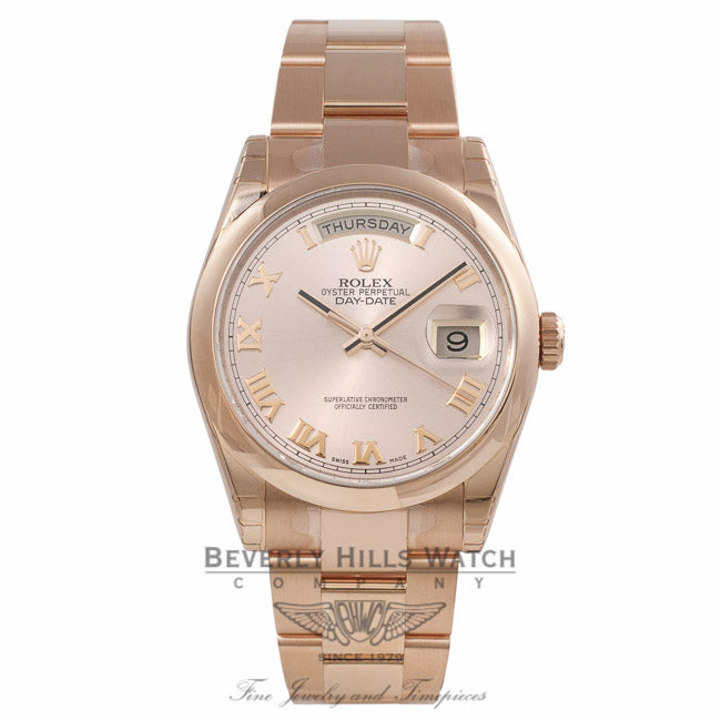Rolex Day-Date 36MM 18k Rose Gold Domed Bezel Pink Roman 118205 7ZX1Z8 - Beverly Hills Watch Company Watch Store