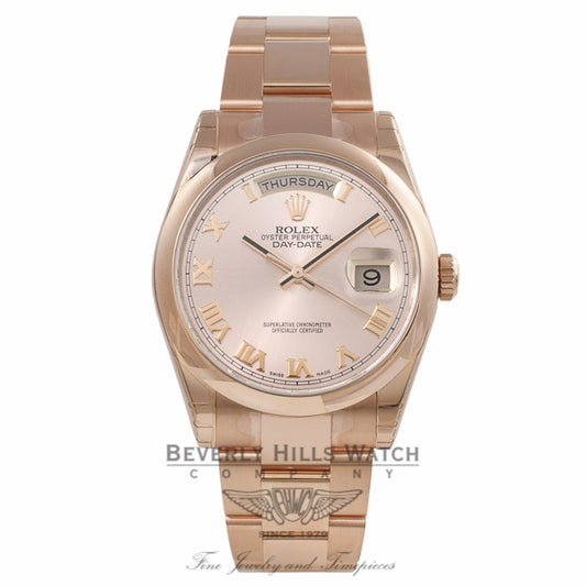 Rolex Day-Date 36MM 18k Rose Gold Domed Bezel Pink Roman 118205 7ZX1Z8 - Beverly Hills Watch Company Watch Store
