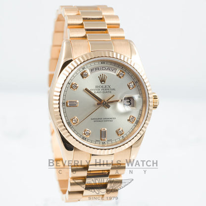 Rolex Day Date 18K Rose Gold President Bracelet Silver Diamond Dial Watch 118205 Beverly Hills Watch Company Watches