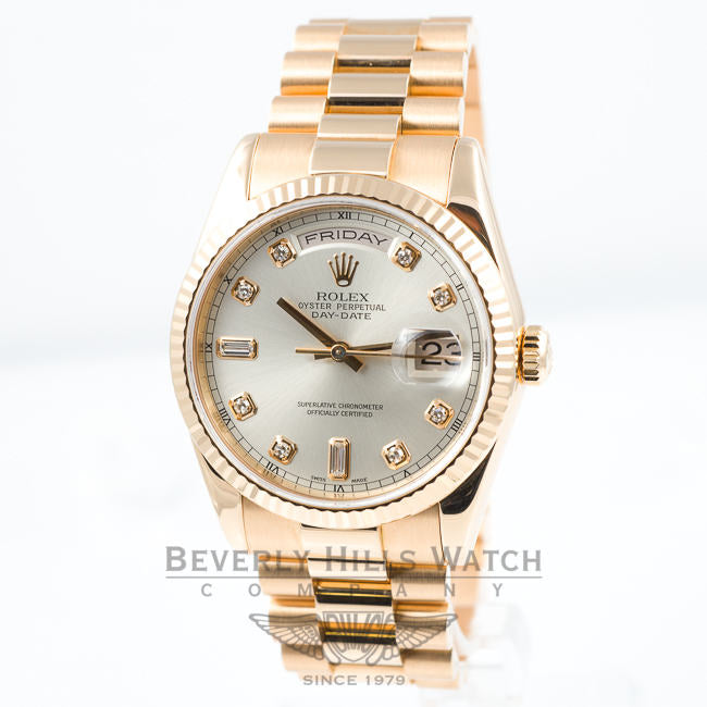 Rolex Day Date 18K Rose Gold President Bracelet Silver Diamond Dial Watch 118205 Beverly Hills Watch Company Watches