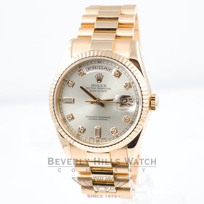 Rolex Day Date 18K Rose Gold President Bracelet Silver Diamond Dial Watch 118205 Beverly Hills Watch Company Watches