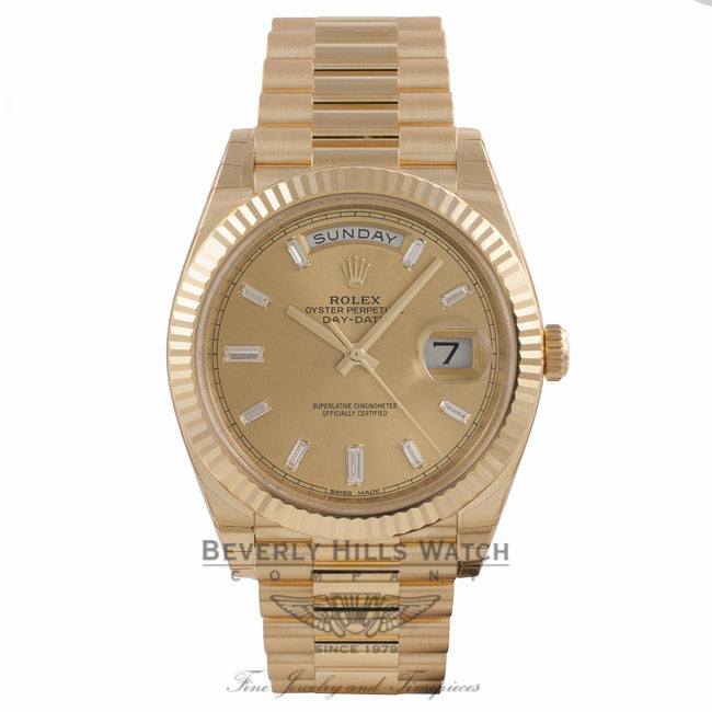 Rolex Day-Date President 40MM Yellow Gold Fluted Bezel Champagne Dial Diamond Markings 228238 8JJZYY - Beverly Hills Watch Company Watch Store