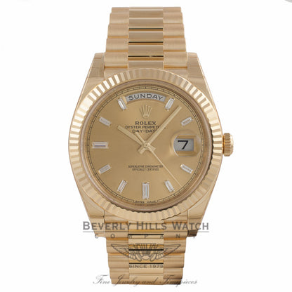 Rolex Day-Date President 40MM Yellow Gold Fluted Bezel Champagne Dial Diamond Markings 228238 8JJZYY - Beverly Hills Watch Company Watch Store