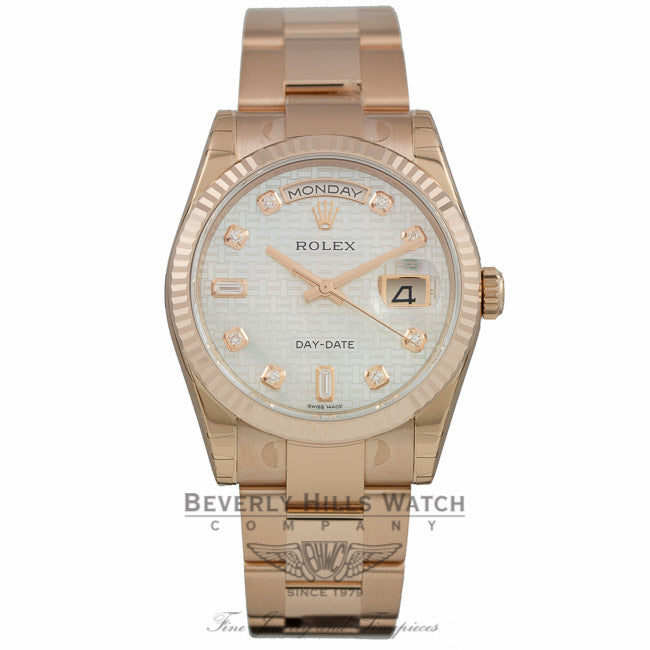 Rolex Day-Date President 36mm Everose Gold White Mother-of-Pearl Oxford Motif 118235 C5YWU2 - Beverly Hills Watch Company