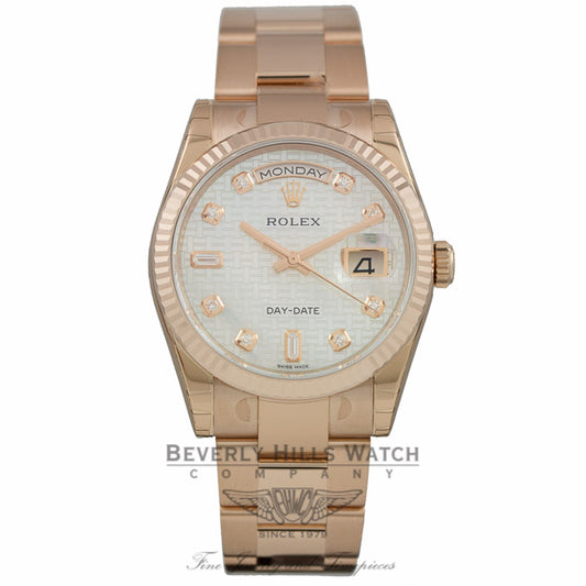 Rolex Day-Date President 36mm Everose Gold White Mother-of-Pearl Oxford Motif 118235 C5YWU2 - Beverly Hills Watch Company
