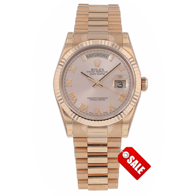 Rolex Day-Date President 36mm Everose Pink Roman Dial Fluted Bezel President Bracelet 118235 DLA7T2 - Beverly Hills Watch Company Watch Store