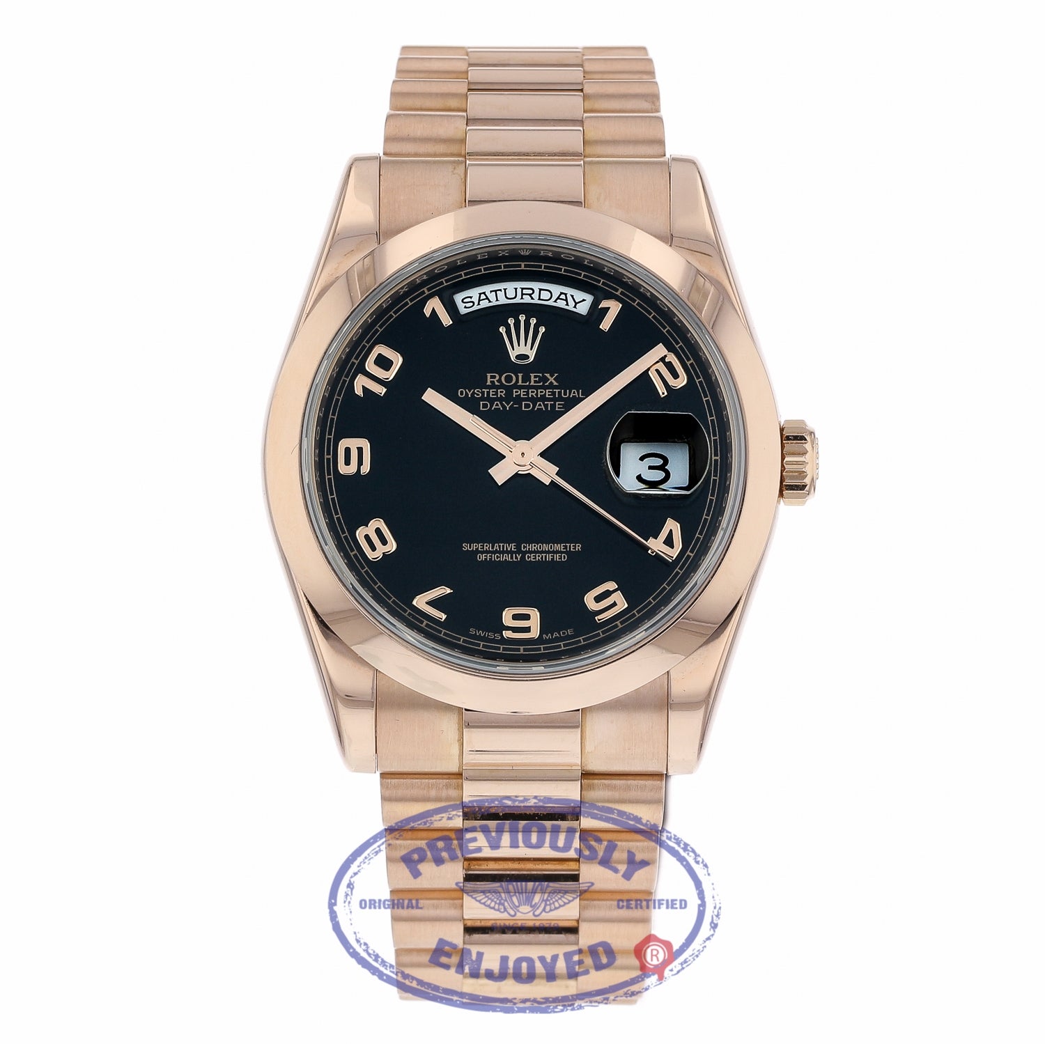 Rolex Day Date 36mm President Bracelet 18K Rose Gold Bracelet Black Arabic Numeral Dial 118205 ZN7T84 - Beverly Hills Watch Company