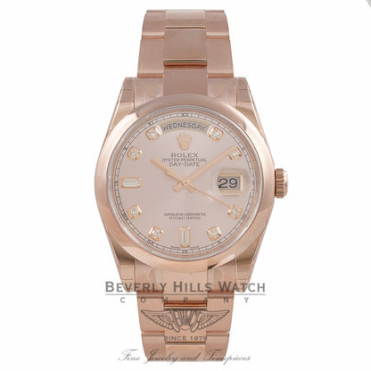 Rolex Day-Date President 36MM 18k Rose Gold Domed Bezel Pink Champagne Diamond Dial 118205 - Beverly Hills Watch Store