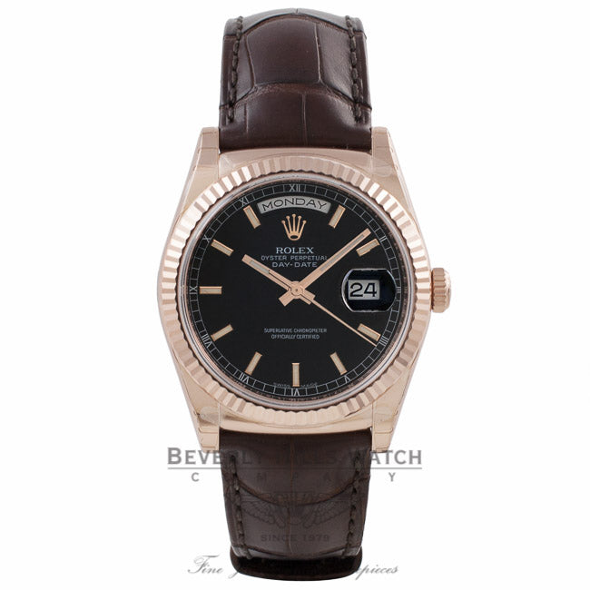 Rolex Day Date 36MM Everose Black Dial Tobacco Alligator Strap 118135 6LPCHV - Beverly Hills Watch Company Watch Store