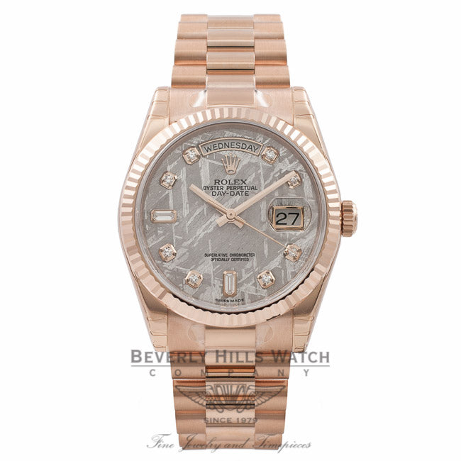 Rolex Meteorite Day-Date 36MM 18K Everose Gold Fluted Bezel Diamond Dial 118235 - Beverly Hills Watch Store