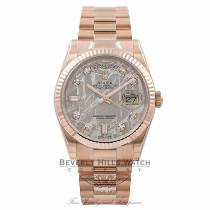 Rolex Meteorite Day-Date 36MM 18K Everose Gold Fluted Bezel Diamond Dial 118235 - Beverly Hills Watch Store