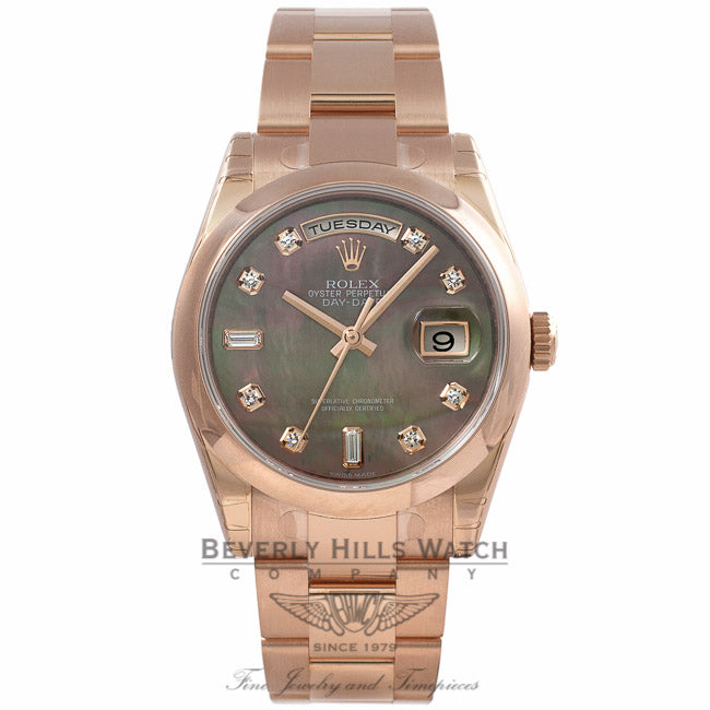 Rolex 36MM Day-Date Everose Black Mother of Pearl Diamond Dial 118205 PCXWEM - Beverly Hills Watch Company