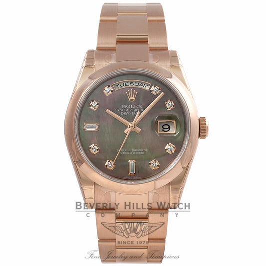 Rolex 36MM Day-Date Everose Black Mother of Pearl Diamond Dial 118205 PCXWEM - Beverly Hills Watch Company
