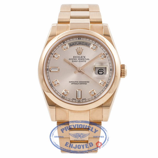 Rolex Day-Date President 36MM 18k Rose Gold Pink Champagne Diamond Dial 118205 WUMIM4 - Beverly Hills Watch Company Watch Store