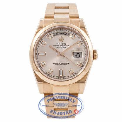 Rolex Day-Date President 36MM 18k Rose Gold Pink Champagne Diamond Dial 118205 WUMIM4 - Beverly Hills Watch Company Watch Store