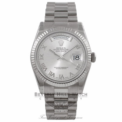 Rolex Day-Date President 36MM 18k White Gold Fluted Bezel Rhodium Dial President Bracelet 118239 DCVEMU - Beverly Hills Watch Company Watch Store