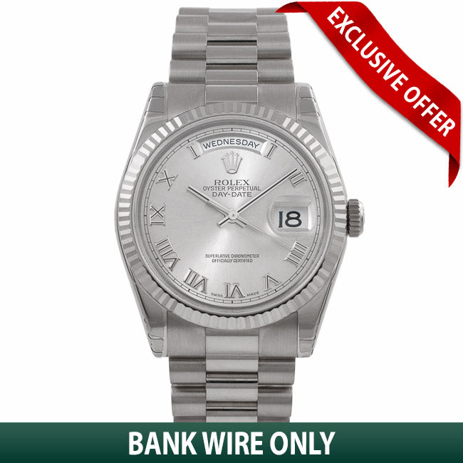 Rolex Day-Date President 36MM 18k White Gold Fluted Bezel Rhodium Dial President Bracelet 118239 DCVEMU - Beverly Hills Watch Company Watch Store