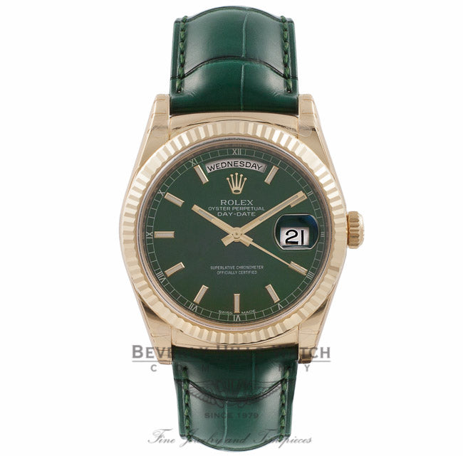 Rolex Day-Date President 36MM 18K Yellow Gold Green Dial Alligator Strap 118138 L6NWJW - Beverly Hills Watch Store