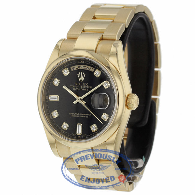 Rolex Day Date Black Diamond Dial Oyster Bracelet 18k Yellow Gold 118208 58896Y - Beverly Hills Watch Company